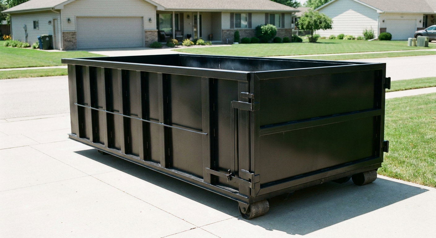Matte-black 10-yard roll-off dumpster on a residential concrete driveway in Grove City, uniformly painted matte black across every panel and rail, ribbed steel sidewalls and rear swing door visible, mid-day daylight.