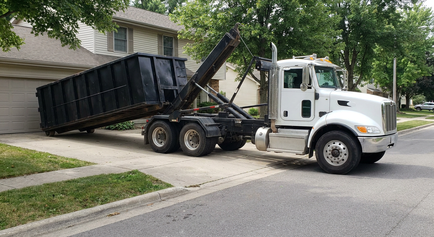 White-cab hooklift roll-off truck actively lowering a matte-black dumpster onto a Grove City residential concrete driveway, the dumpster's rear wheels touching the driveway as the hoist arm tilts the bed forward, mid-morning daylight.