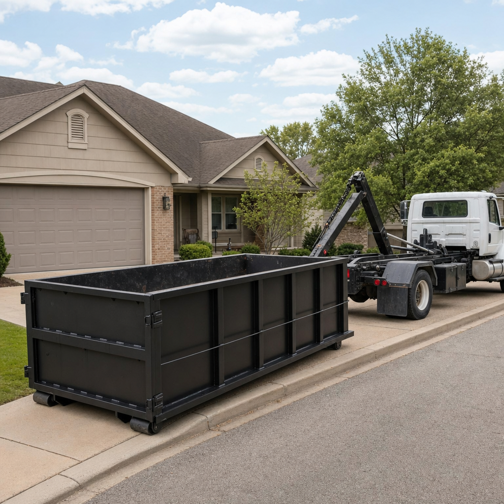 Wide documentary shot of a matte-black roll-off dumpster on a Grove City residential driveway in the foreground and a contractor jobsite container in the soft-focus background, bright daylight, calm and orderly composition.