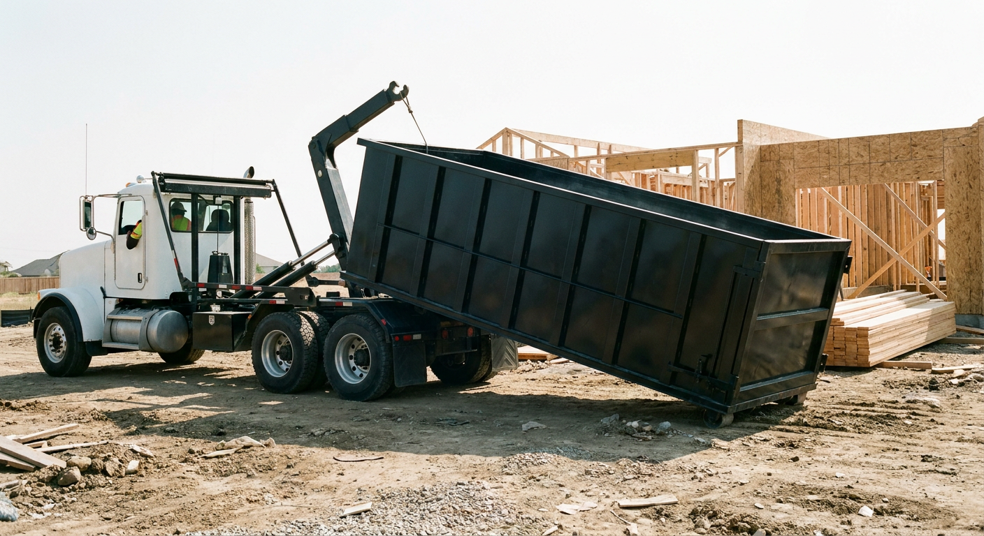 Matte-black roll-off dumpster being delivered onto a clean residential concrete driveway in Grove City by an unmarked white hooklift hauler truck, bright morning daylight, documentary 35mm perspective.
